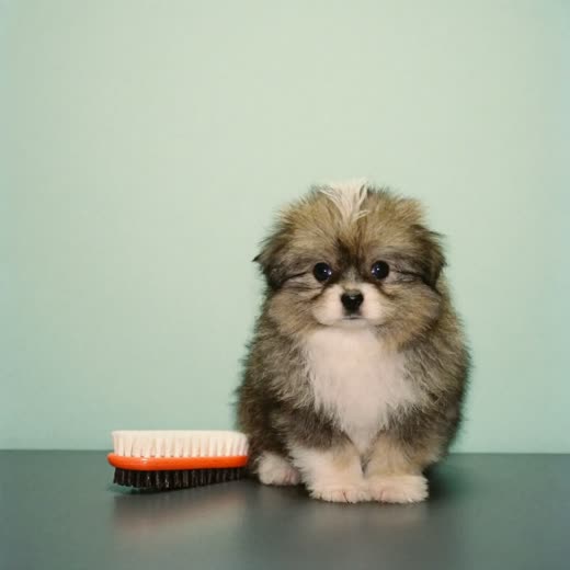 A young puppy sitting on a grooming table beside a brush